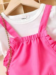 SHEIN Young Girl Solid Tee & Ruffle Trim Overall Romper - Multicolor - View 5