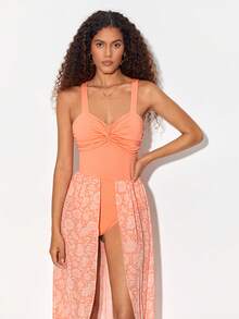 House of Dani.B Floral Print Twist Bust Cami Dress - Coral Orange - View 4