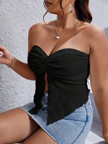 SHEIN Privé Plus Twist Front Lettuce Trim Split Hem Tube Top - Black - View 4