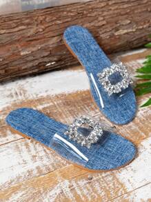 Leisure Vacation Rhinestone Buckle Flat Sandals With Clear Rhinestone Decoration