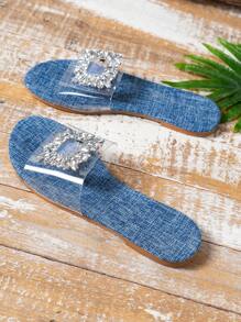Leisure Vacation Rhinestone Buckle Flat Sandals With Clear Rhinestone Decoration
