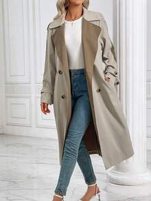 SHEIN LUNE 休閒腰帶 雙排釦 口袋撞色女士風衣外套 - 卡其色 - 查看 4