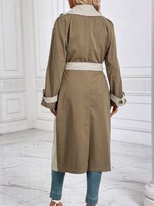 SHEIN LUNE 休閒腰帶 雙排釦 口袋撞色女士風衣外套 - 卡其色 - 查看 2