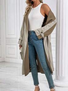 SHEIN LUNE 休閒腰帶 雙排釦 口袋撞色女士風衣外套 - 卡其色 - 查看 3