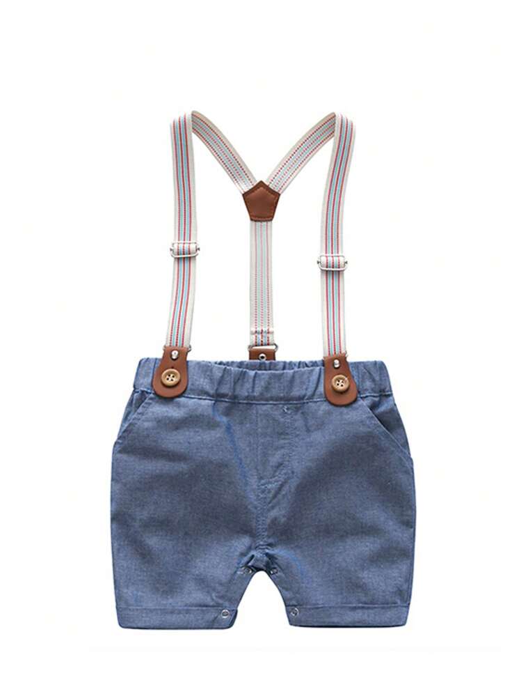 Gentleman Style Baby Boy Solid Color Lightweight Short Sleeve Bodysuit With Suspenders Shorts Set, Suitable For Birthday Party, Summer - Blue and White - View 4
