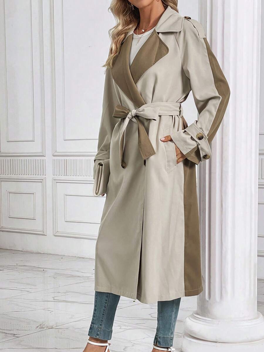 SHEIN LUNE 休閒腰帶 雙排釦 口袋撞色女士風衣外套 - 卡其色 - 查看 1