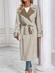 SHEIN LUNE 休閒腰帶 雙排釦 口袋撞色女士風衣外套 - 卡其色 - 查看 5