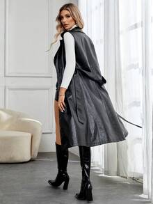 SHEIN Privé 1入組西裝領腰帶PU皮革外套馬甲 - 黑色 - 查看 2