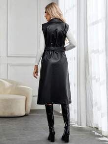SHEIN Privé 1入組西裝領腰帶PU皮革外套馬甲 - 黑色 - 查看 5