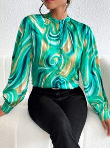 SHEIN Privé Allover Print Mock Neck Lantern Sleeve Blouse - Multicolor - View 3