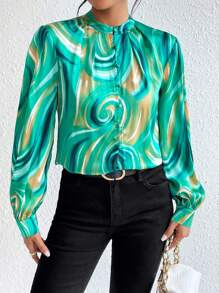 SHEIN Privé Allover Print Mock Neck Lantern Sleeve Blouse - Multicolor - View 4