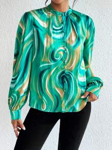 SHEIN Privé Allover Print Mock Neck Lantern Sleeve Blouse - Multicolor - View 5