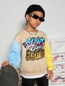 SHEIN Tween Boy Slogan Graphic Colourblock Drop Shoulder Pullover - Multicolor - View 1