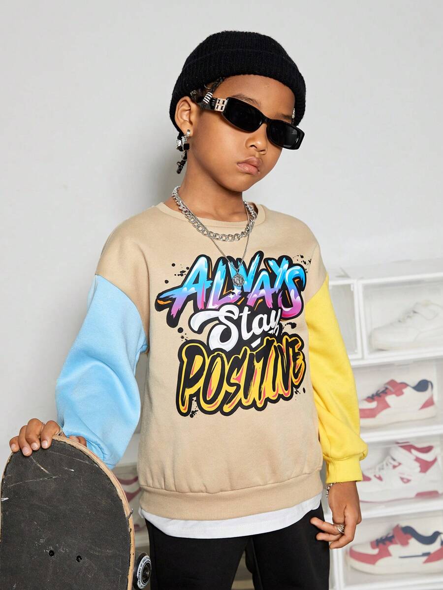 SHEIN Tween Boy Slogan Graphic Colourblock Drop Shoulder Pullover - Multicolor - View 1