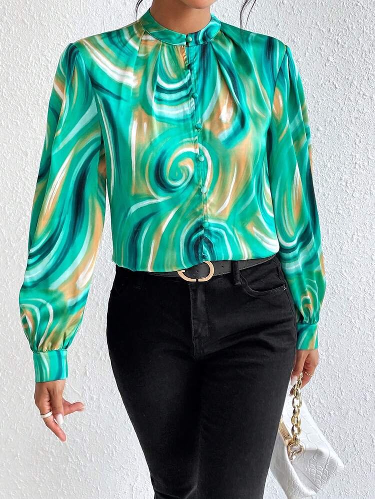 Allover Print Mock Neck Lantern Sleeve Blouse