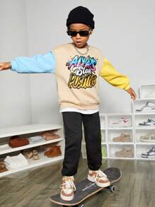 SHEIN Tween Boy Slogan Graphic Colourblock Drop Shoulder Pullover - Multicolor - View 3