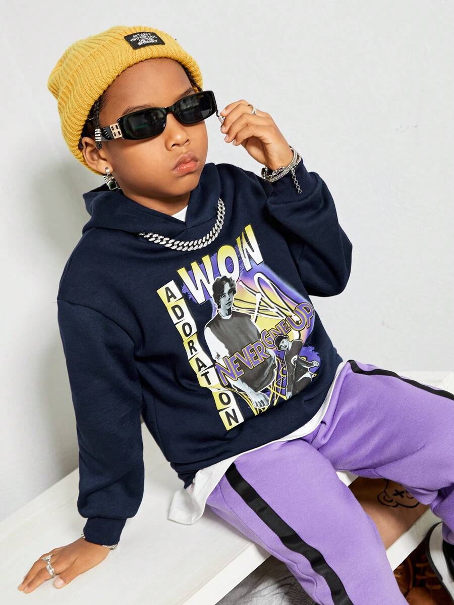 SHEIN Tween Boy Letter & Figure Graphic Drop Shoulder Sweatshirt - Navy Blue - View 1