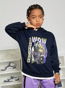 SHEIN Tween Boy Letter & Figure Graphic Drop Shoulder Sweatshirt - Navy Blue - View 3