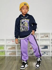 SHEIN Tween Boy Letter & Figure Graphic Drop Shoulder Sweatshirt - Navy Blue - View 4