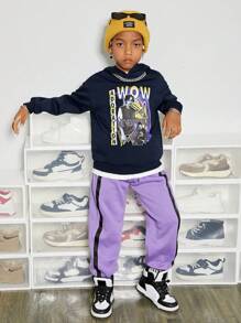 SHEIN Tween Boy Letter & Figure Graphic Drop Shoulder Sweatshirt - Navy Blue - View 5