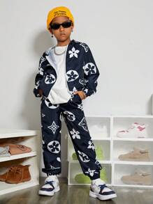 SHEIN 男大童印花拉鏈開襟連帽夾克和褲子不帶T恤 - 藏蓝色 - 查看 3