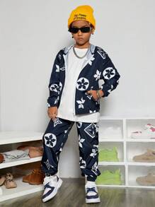 SHEIN 男大童印花拉鏈開襟連帽夾克和褲子不帶T恤 - 藏蓝色 - 查看 4