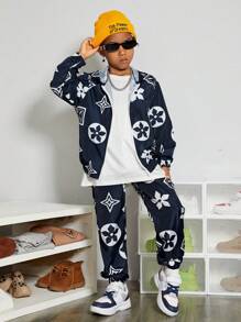 SHEIN 男大童印花拉鏈開襟連帽夾克和褲子不帶T恤 - 藏蓝色 - 查看 5
