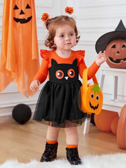 SHEIN Baby Mädchen Strick- und Netzkleid mit kontrastierendem Kurzarm und Halloween-Thema-Muster