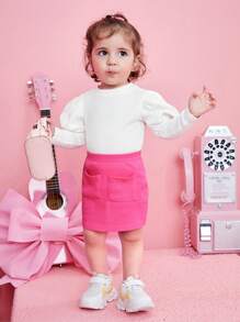 SHEIN 女嬰泡泡袖T恤&口袋貼布半身裙 - 彩色 - 查看 3
