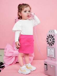 SHEIN 女嬰泡泡袖T恤&口袋貼布半身裙 - 彩色 - 查看 5