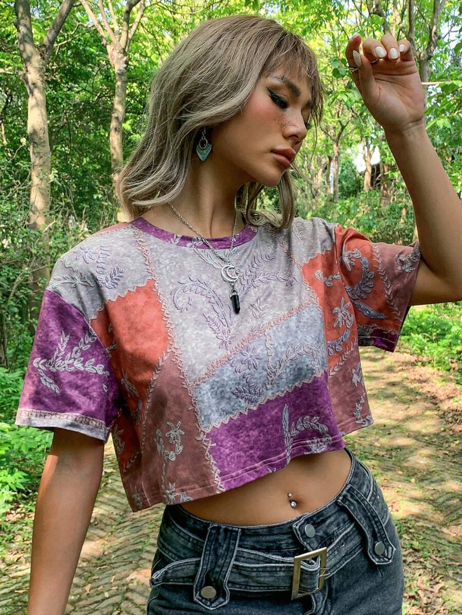 AAmilife Patchwork Print Drop Shoulder Crop Tee - Multicolor - View 1