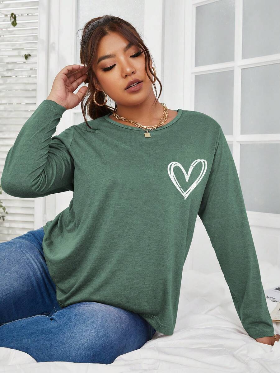 Calvaya Plus Heart Print Tee Graphic Tees Women Tops Fall Cloth For Women - Army Green - View 1