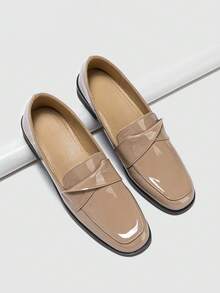 Ladies' Simple Square Toe Loafers Flat Shoes - Apricot - View 4