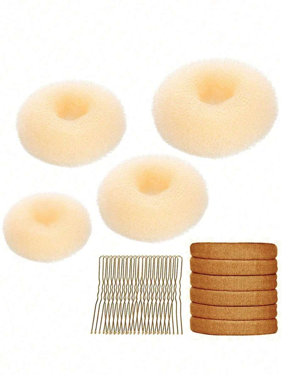 Hair Bun Maker Set, 4pcs Donut Bun Maker (1 Large, 2 Medium And 1 Small), 6pcs Elastic Hair Ties, 20pcs Hair Bobby Pins, Blonde - Beige - View 1