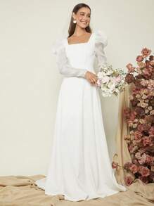 SHEIN Belle 方领羊腿袖超长婚纱（无头纱）白色优雅长袖新娘礼服 - 白色 - 查看 2