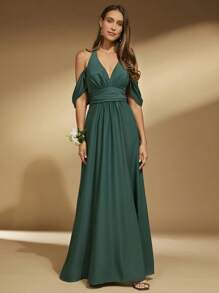SHEIN Belle 1pc Cold Shoulder Ruched Waist Bridesmaid Dress - Dark Green - View 4
