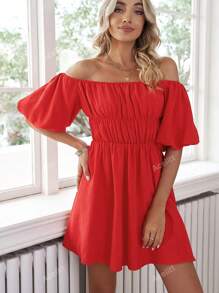 Solid Off Shoulder Ruched Bust Dress