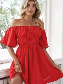 Solid Off Shoulder Ruched Bust Dress