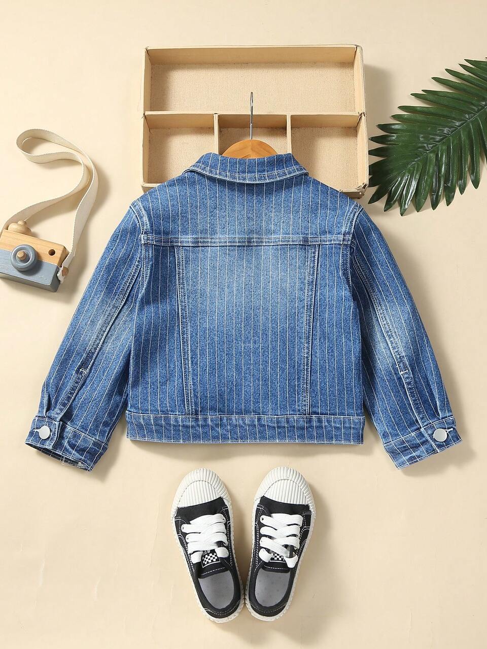 Young Boy 1pc Striped Print Flap Detail Denim Jacket