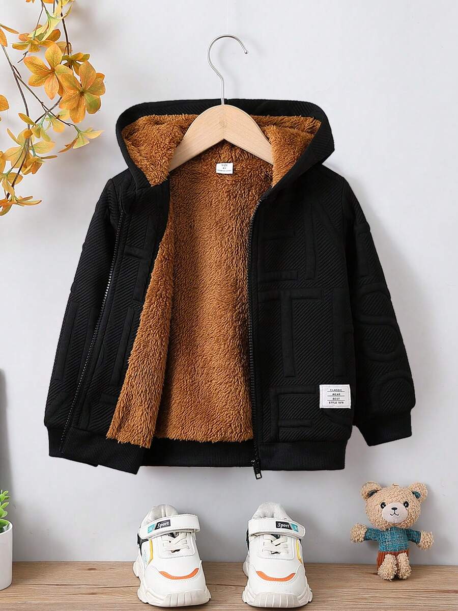 SHEIN Young Boy Letter Patched Detail Teddy Lined Sweatshirt - Black - View 1