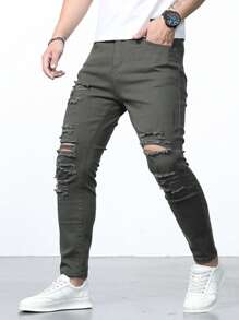 Manfinity LEGND Men Ripped Frayed Skinny Jeans - Army Green - View 1