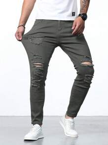 Manfinity LEGND Men Ripped Frayed Skinny Jeans - Army Green - View 6