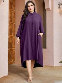 Mulvari Plus Solid Button Front Shirt Dress - Purple - View 1
