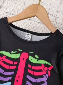 SHEIN 女小童骷髅圖案上衣&二合一長褲 - 黑色 - 查看 5