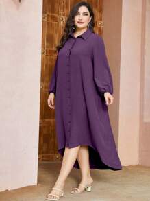 Mulvari Plus Solid Button Front Shirt Dress - Purple - View 5