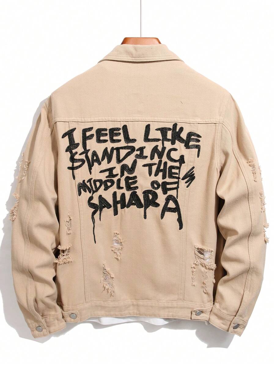 Manfinity Men Slogan Graphic Ripped Denim Jacket Without Tee - Khaki - View 1
