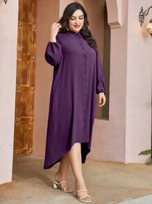 Mulvari Plus Solid Button Front Shirt Dress - Purple - View 6