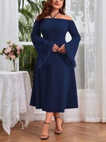 Modelyn Plus Fuzzy Trim Sleeve Dress - Navy Blue - View 1