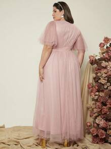 SHEIN Belle Plus Plunge Neck Flounce Sleeve Mesh Bridesmaid Dress - Dusty Pink - View 3