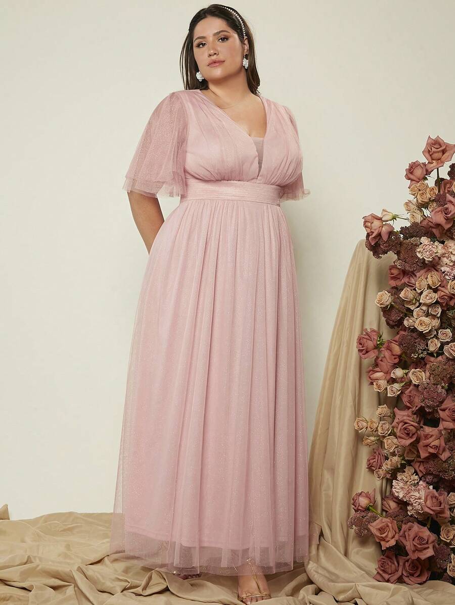 SHEIN Belle Plus Plunge Neck Flounce Sleeve Mesh Bridesmaid Dress - Dusty Pink - View 1
